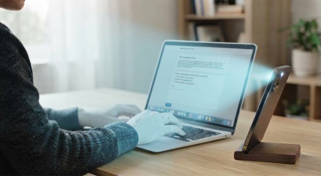 A candidate at their laptop with a phone standing beside it on a stand, its camera covering the screen, keyboard and hands