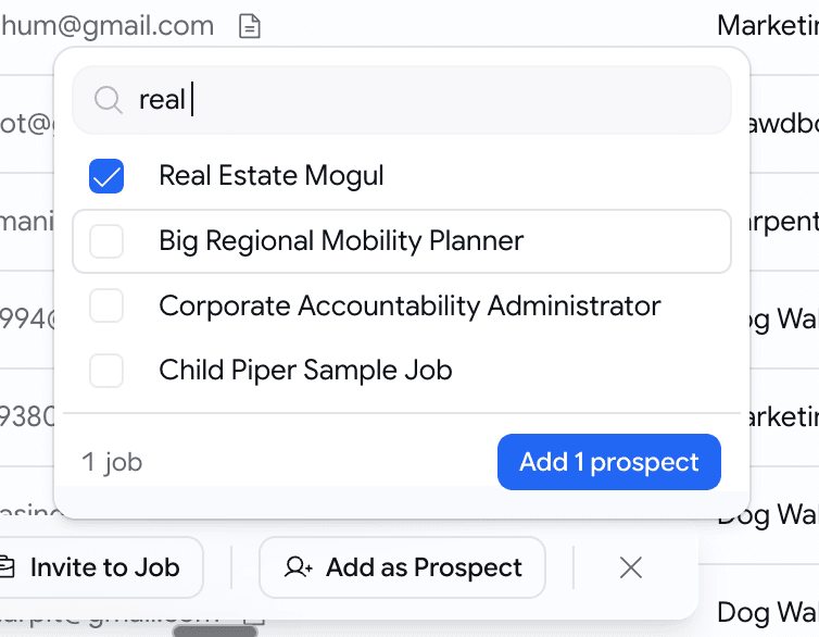 Add as Prospect popover with a job picker in the candidates bulk bar