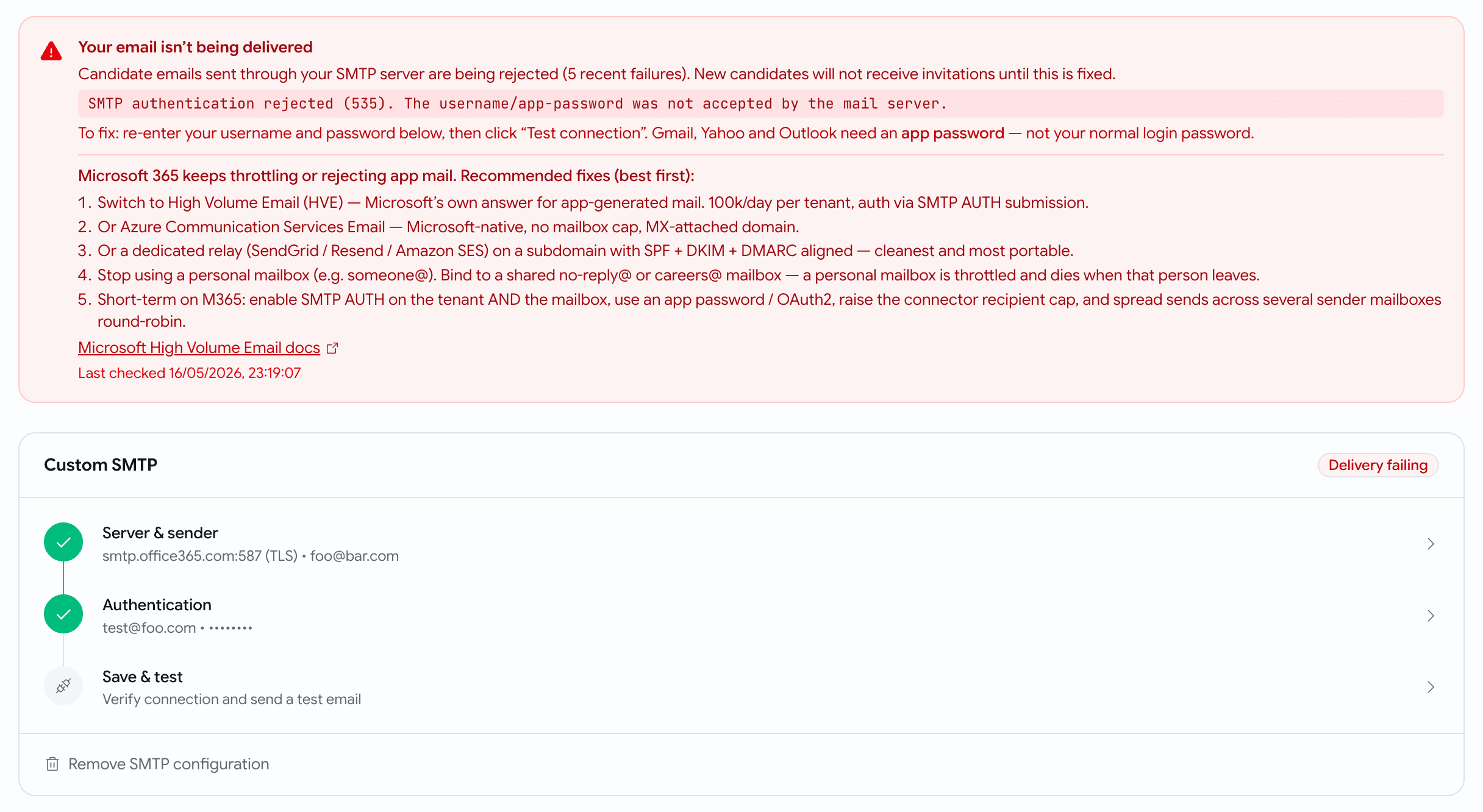 Red Delivery failing banner in Email Settings with a plain-language reason and fixes
