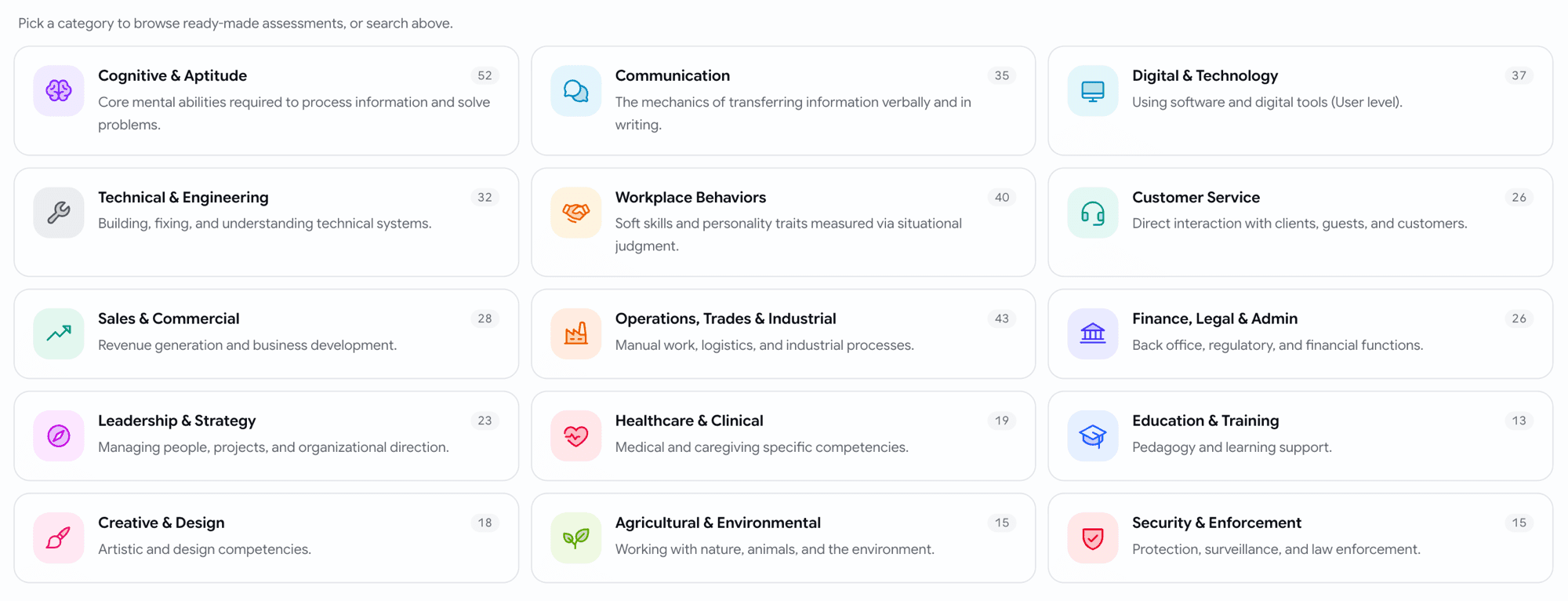 Curated assessment categories shown as 16 family tiles with icons and counts