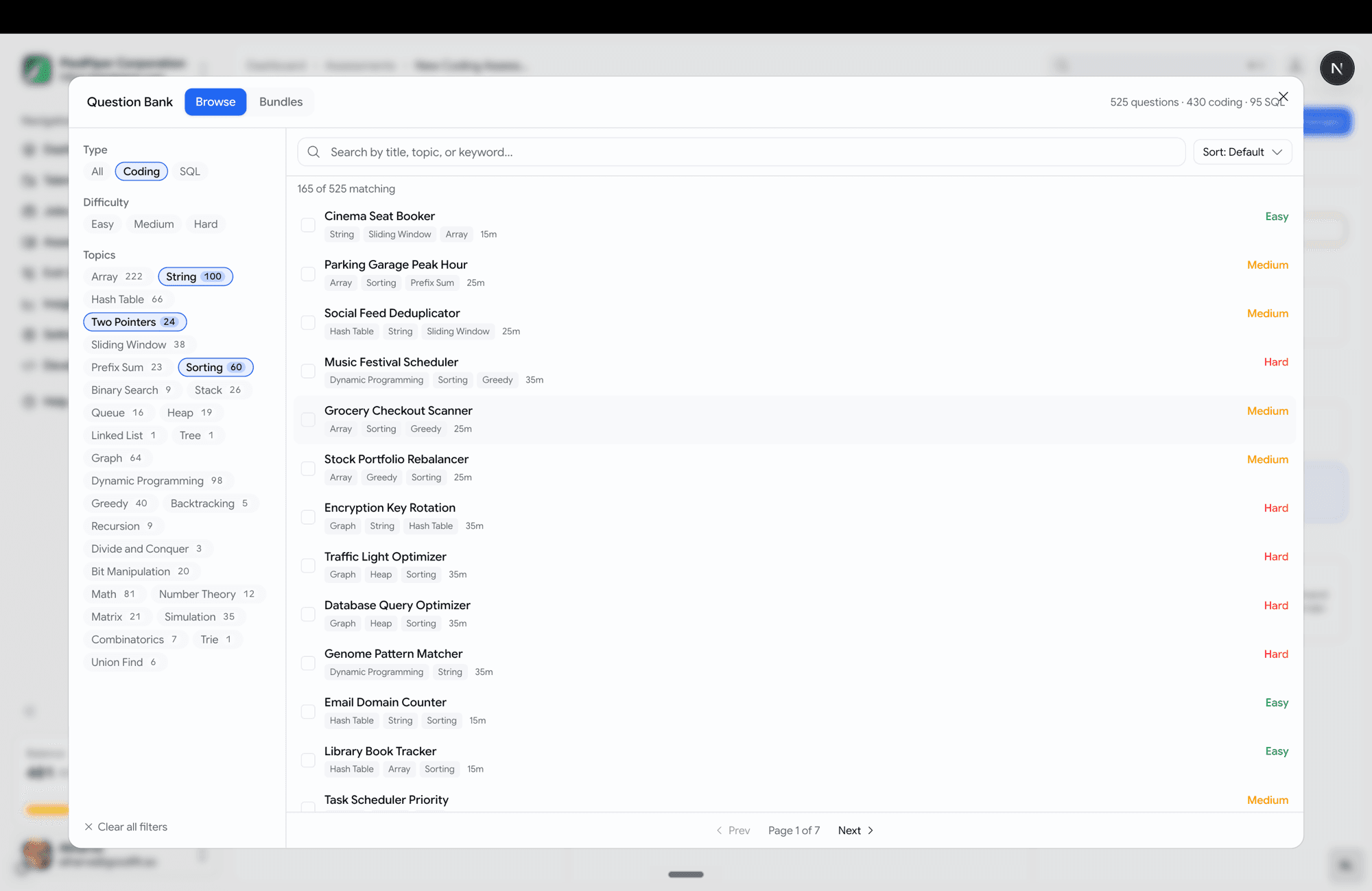 Wide question-bank picker with filter rail, search, sort and preview pane