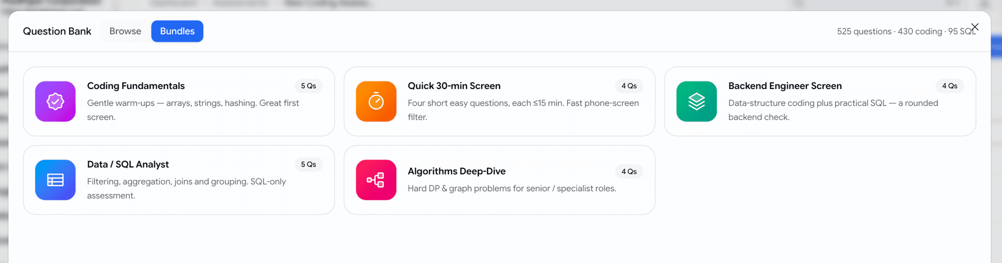 Curated bundle cards: Coding Fundamentals, Quick 30-min Screen, Backend Engineer Screen, Data/SQL Analyst, Algorithms Deep-Dive