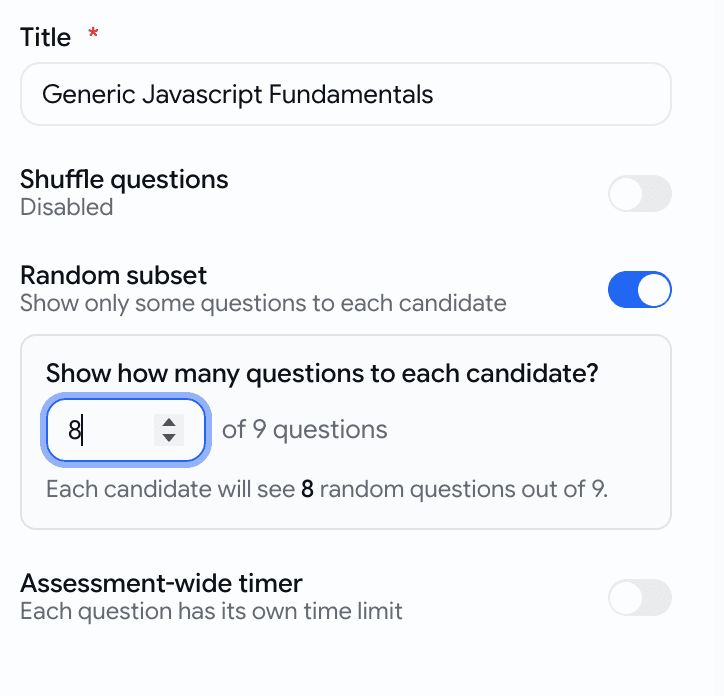 Random subset toggle in the assessment settings with a live count preview