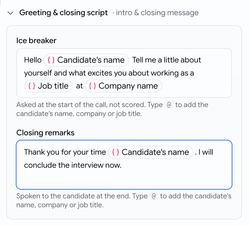 Greeting and closing script editor with name, company and job-title chips