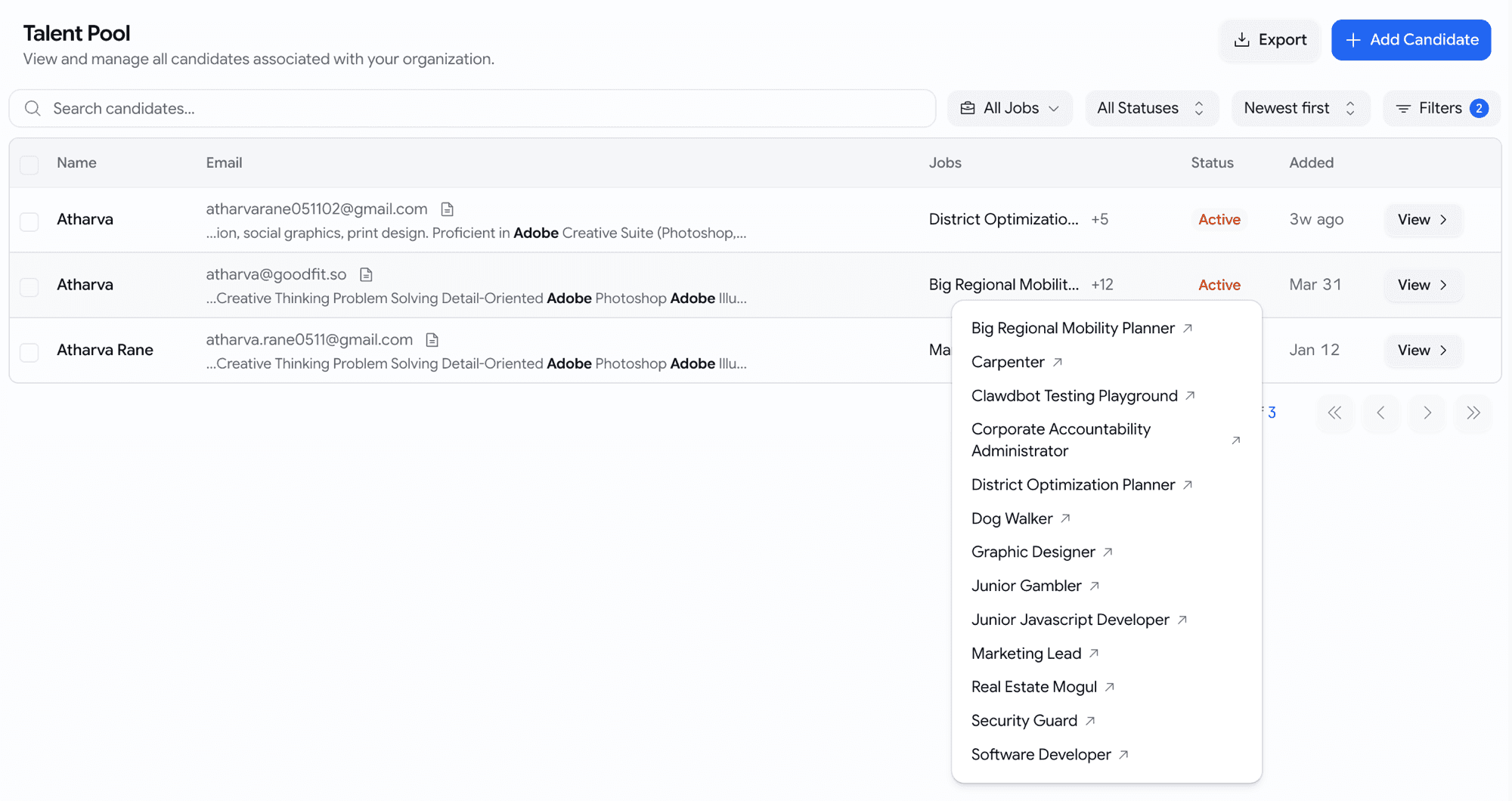 Talent Pool rows with inline resume-match snippets under each email, keyword bolded, snippet shown only when the resume filter is active