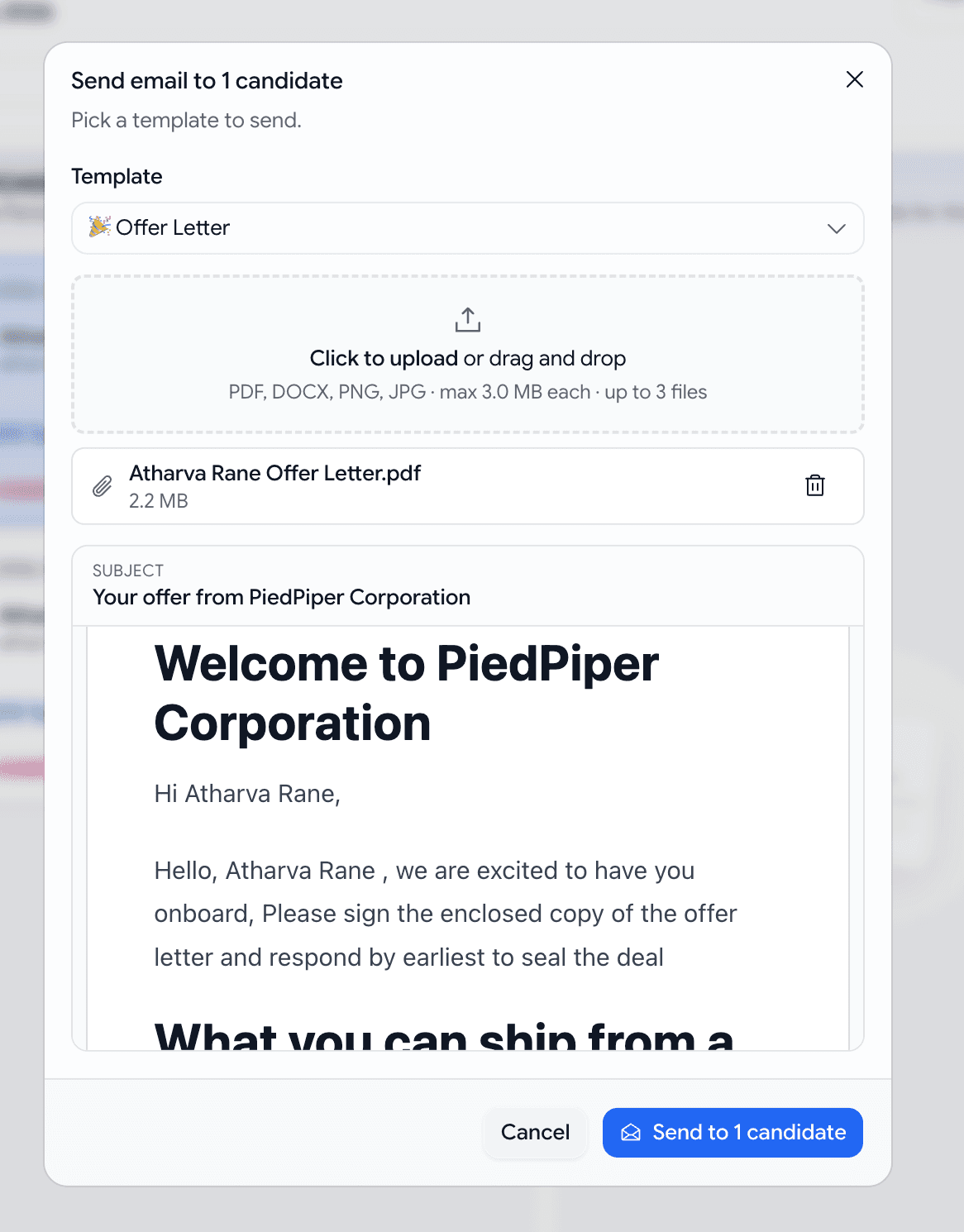 Bulk-send dialog with the Offer Letter template selected, a dashed dropzone holding a 2.2 MB PDF, and a branded preview rendering below