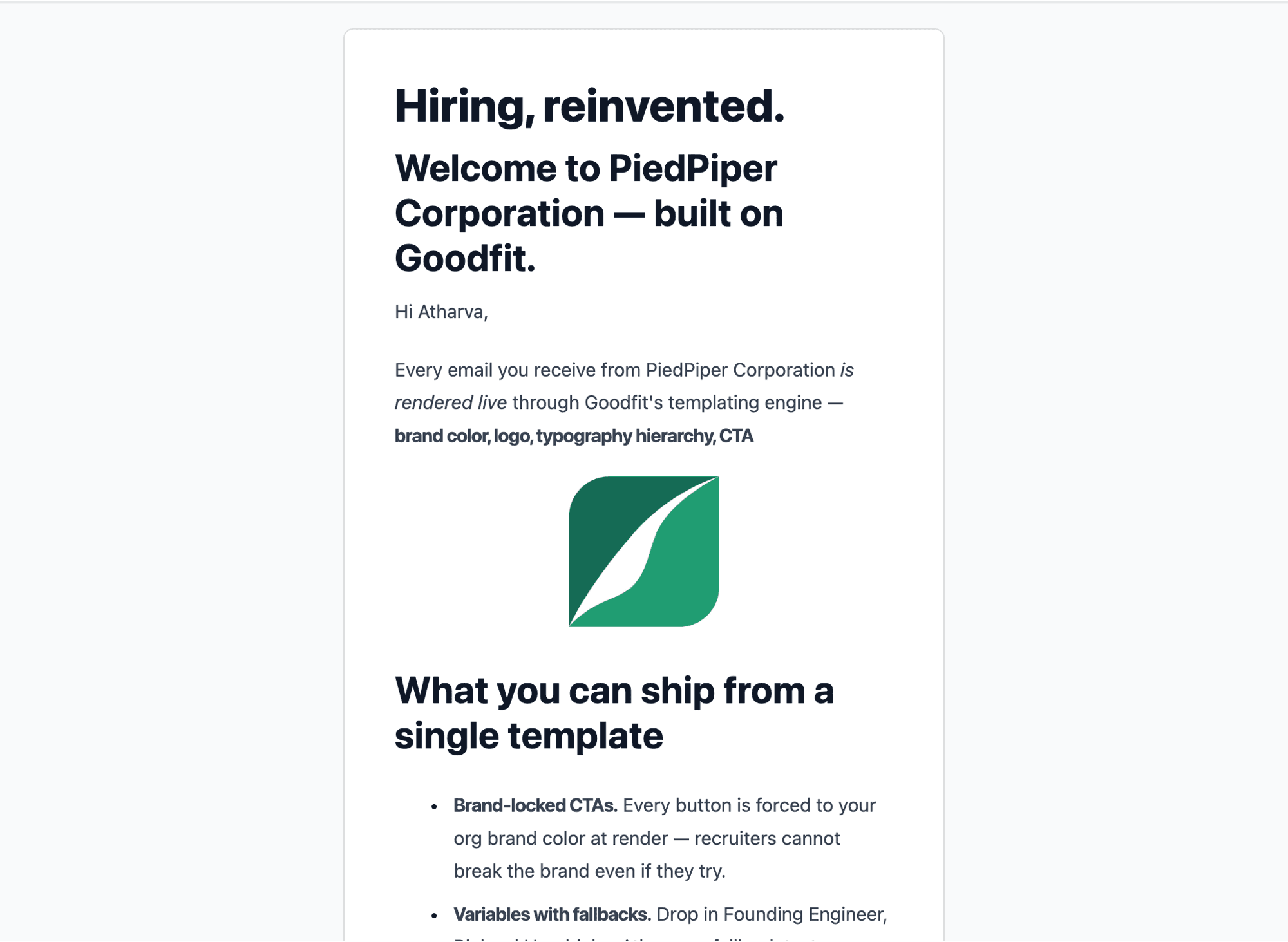 Custom template rendered in Gmail — org logo header, headings, bold marks, centered image, bullet list, brand-colored CTA button, all inside the branded layout