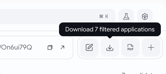 Download CSV button on the kanban showing 'Download 7 filtered applications' while filters are active