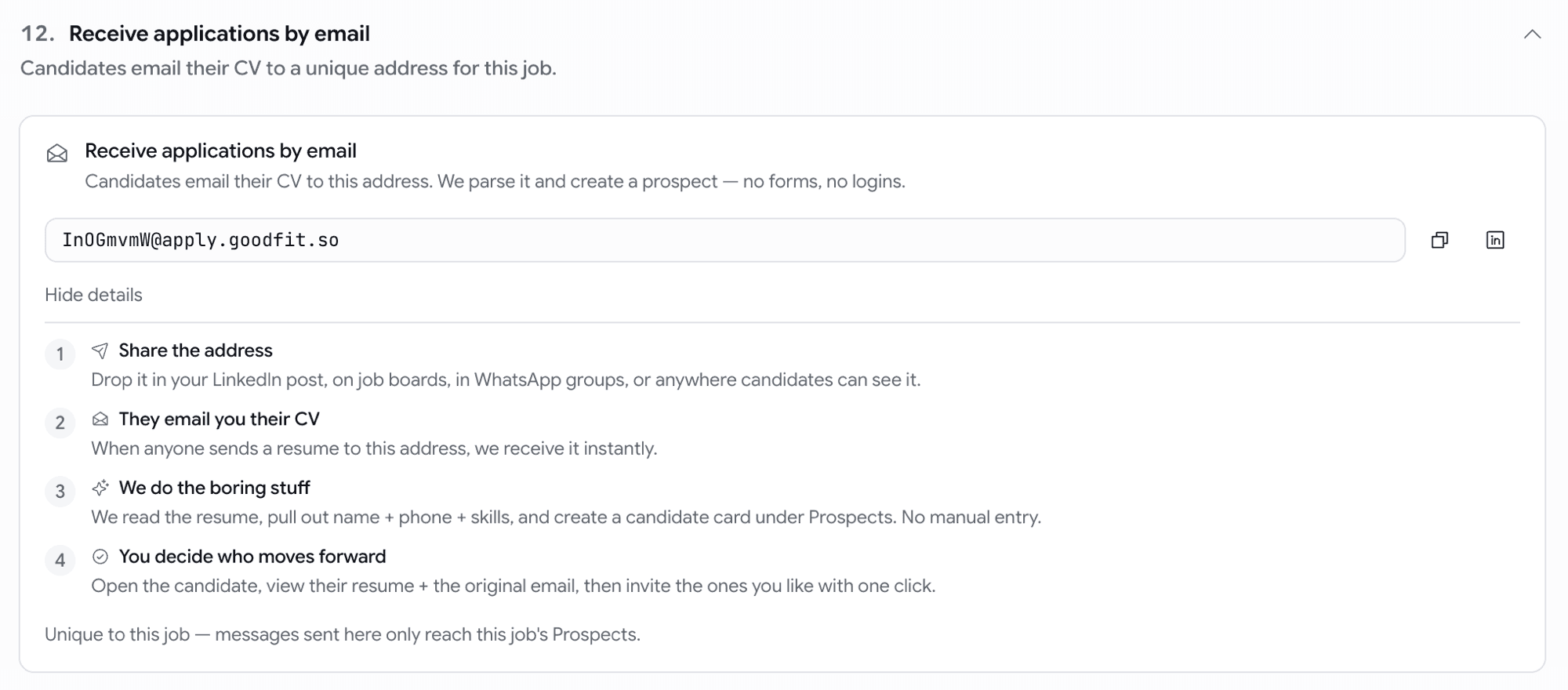 Inbound email intake card on the job settings page with copy-to-clipboard address and 'Share on LinkedIn' shortcut