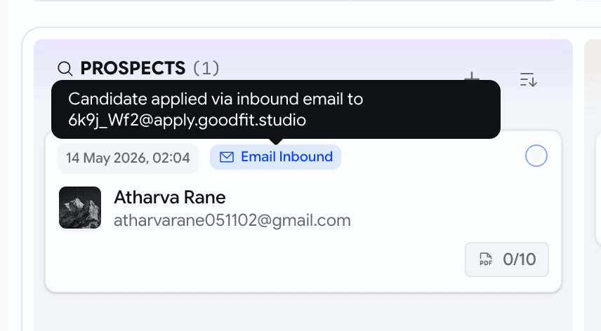 Prospect card with an Email Inbound badge on the pipeline board
