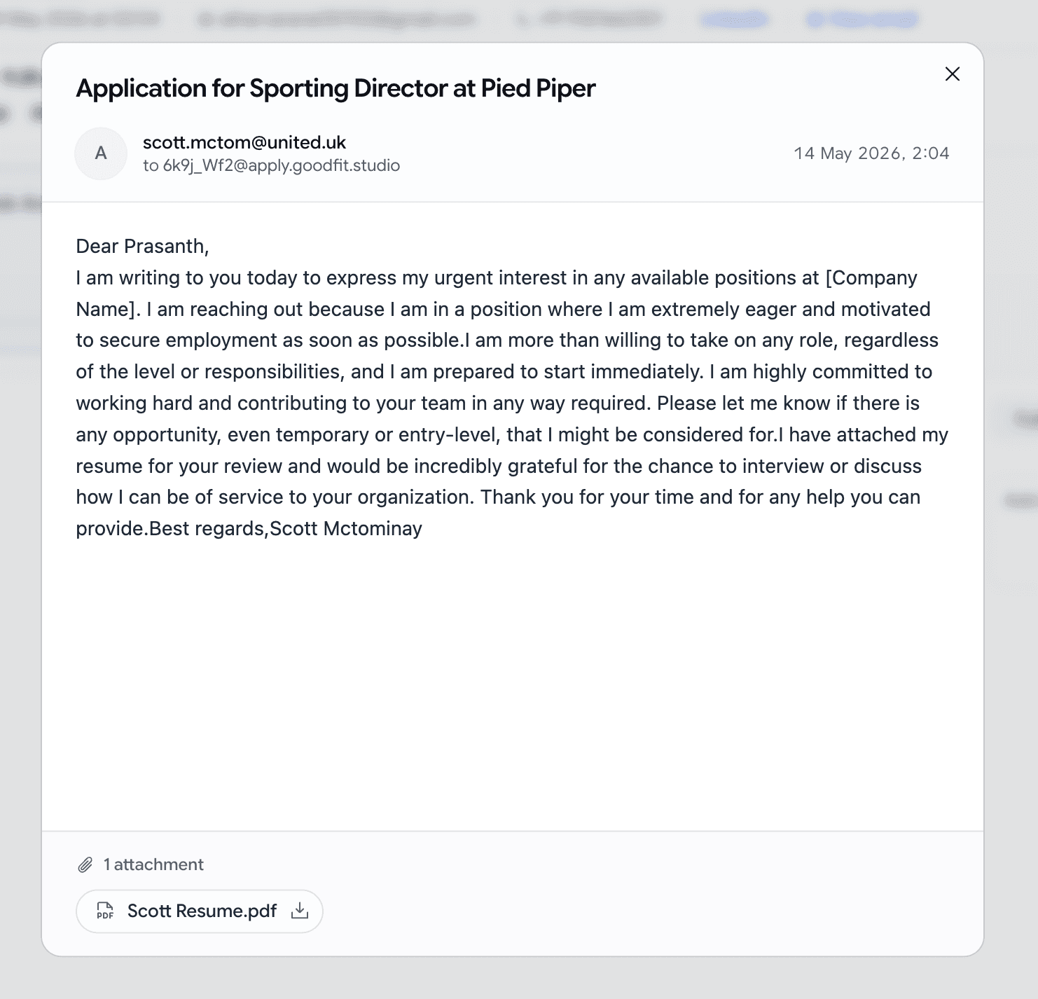 View email dialog showing the candidate's message, headers, and attachments with download buttons