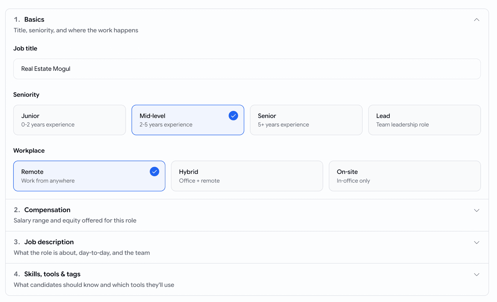 Job details page — basics and job description open by default