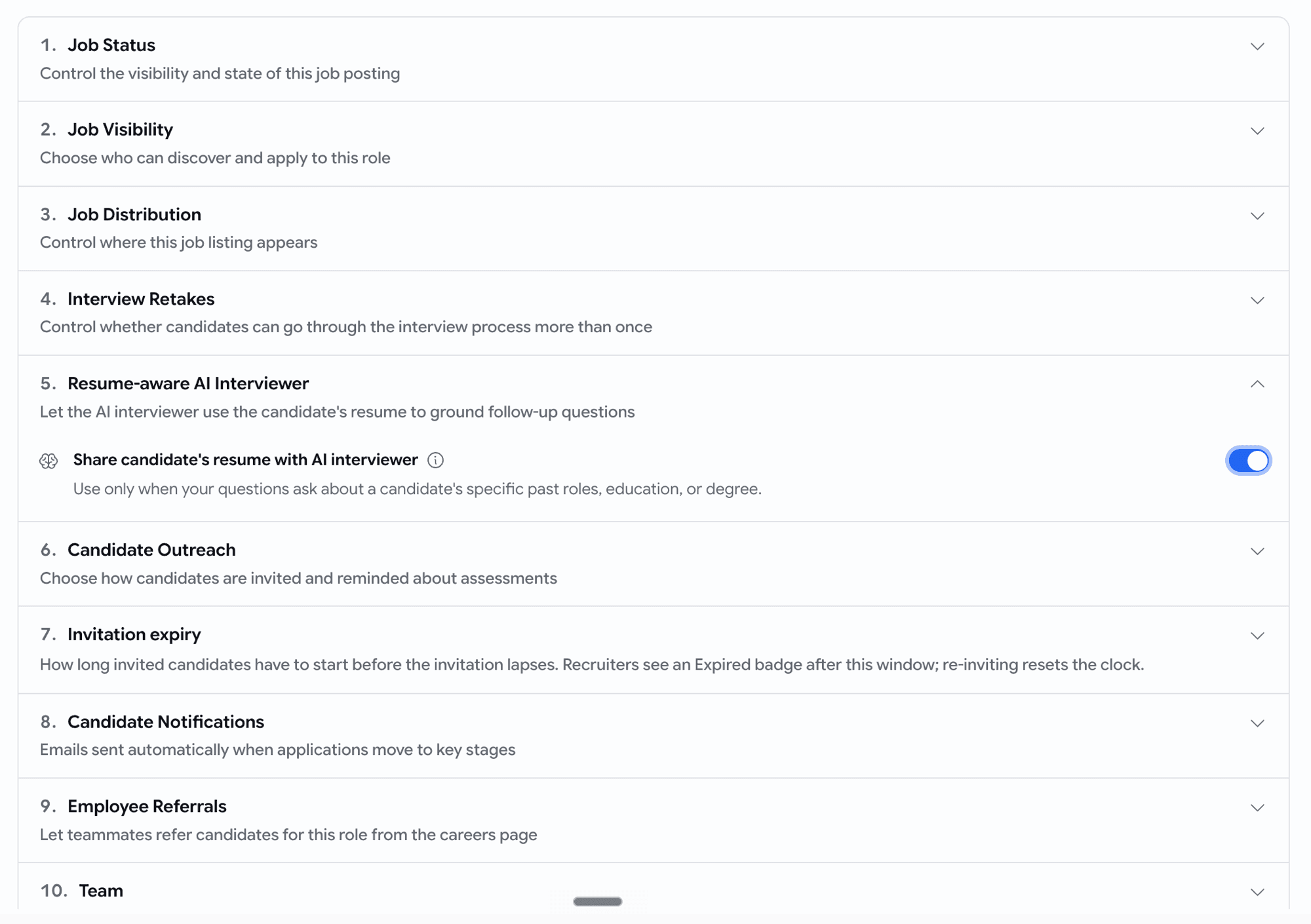 Job settings page — collapsed sections in order, with status and visibility open by default