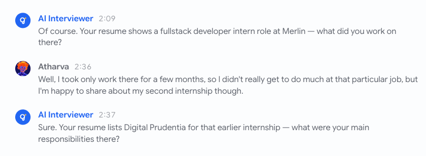 Mid-interview transcript — bot anchors on the first resume role, candidate redirects, bot re-anchors on the second resume role