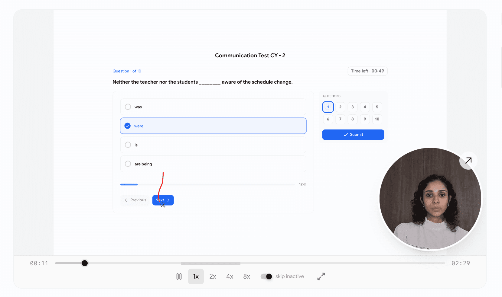 A candidate's work on screen with their video as a small circle in the corner, both playing in sync