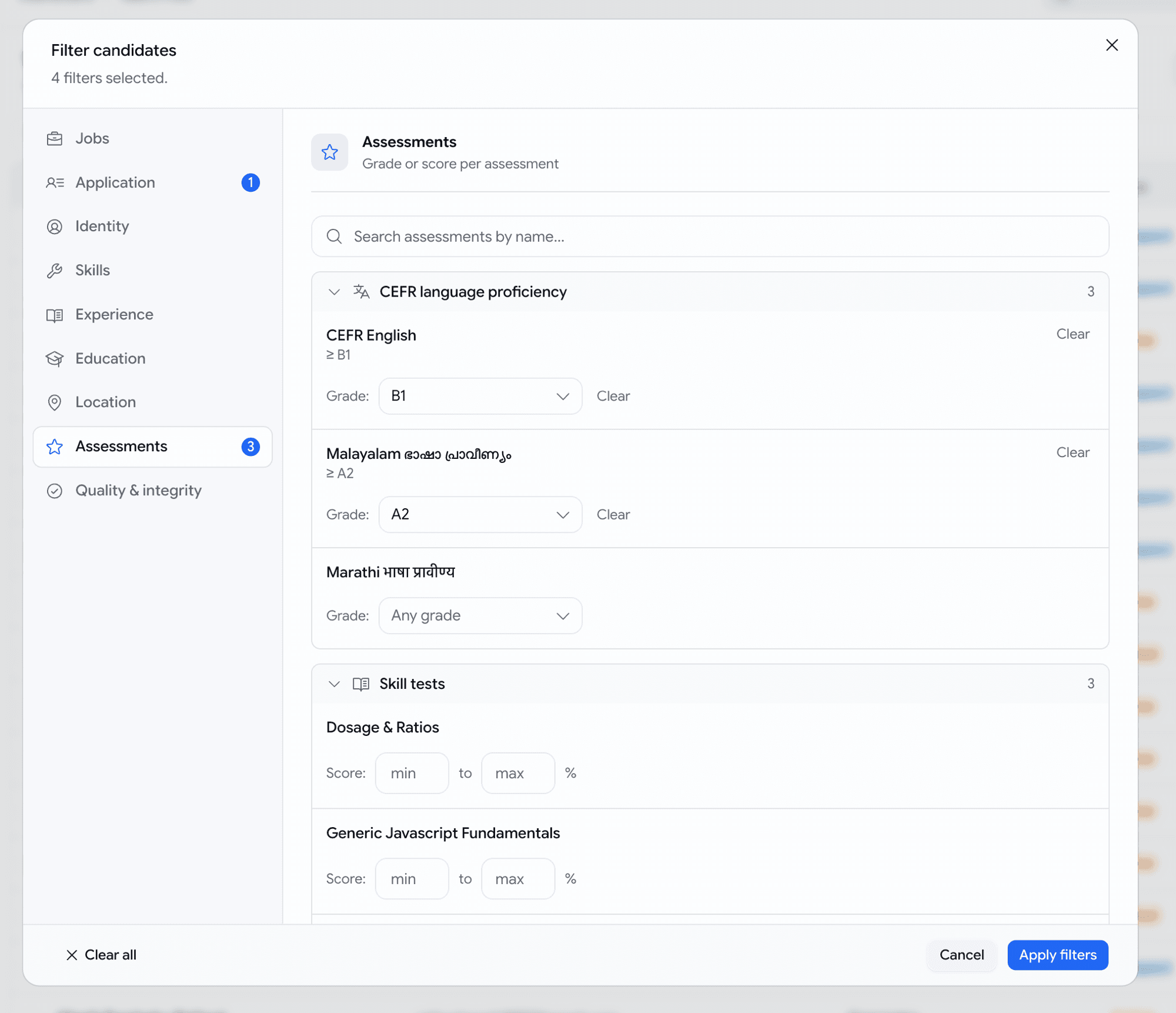 Filters dialog over the talent pool — a sectioned left rail with per-section counts, the Assessments section open showing language tests with minimum-level dropdowns and skill tests with score ranges