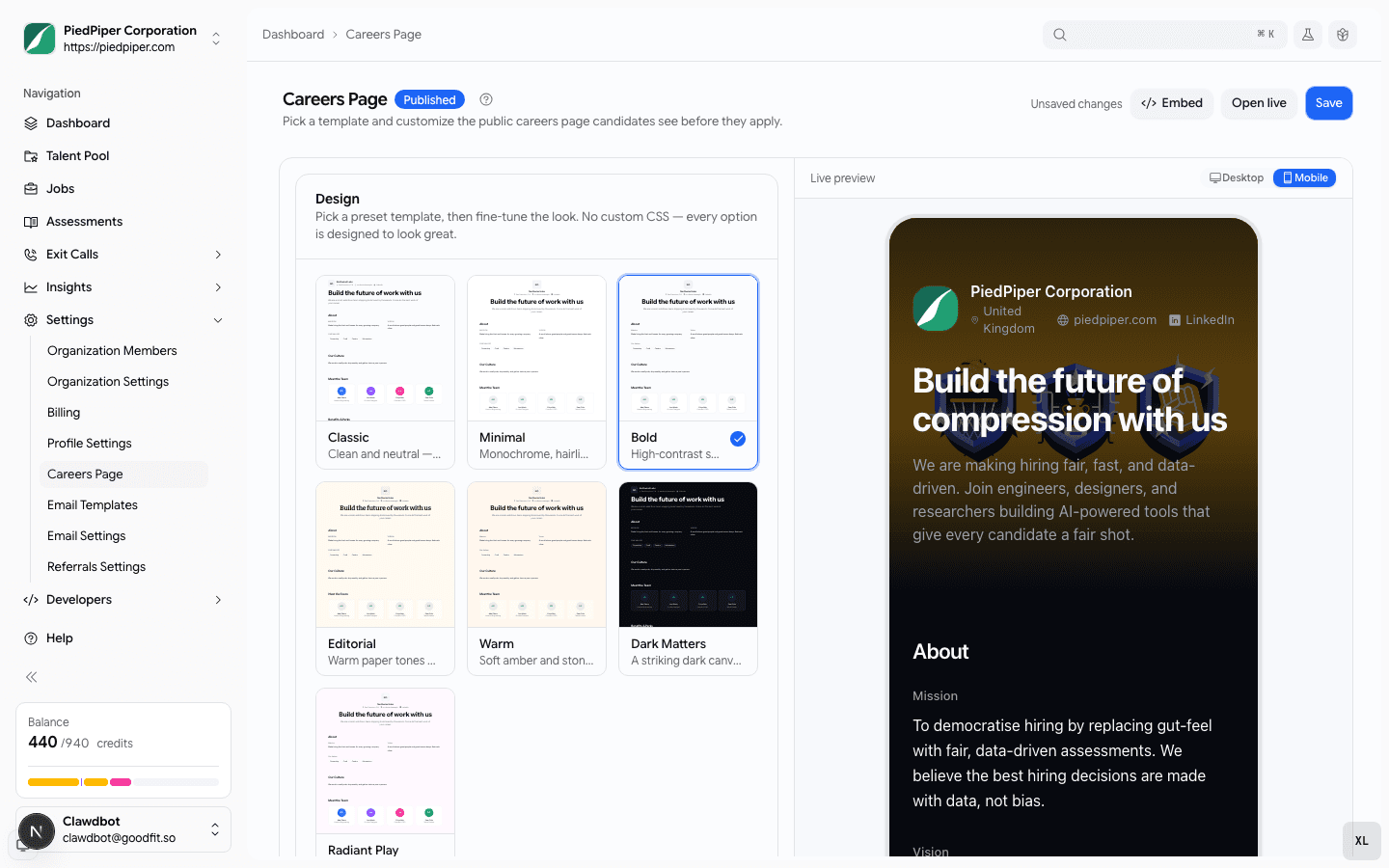 The careers preview switched to a 390px mobile device frame, a dark theme reflowed into a single phone column