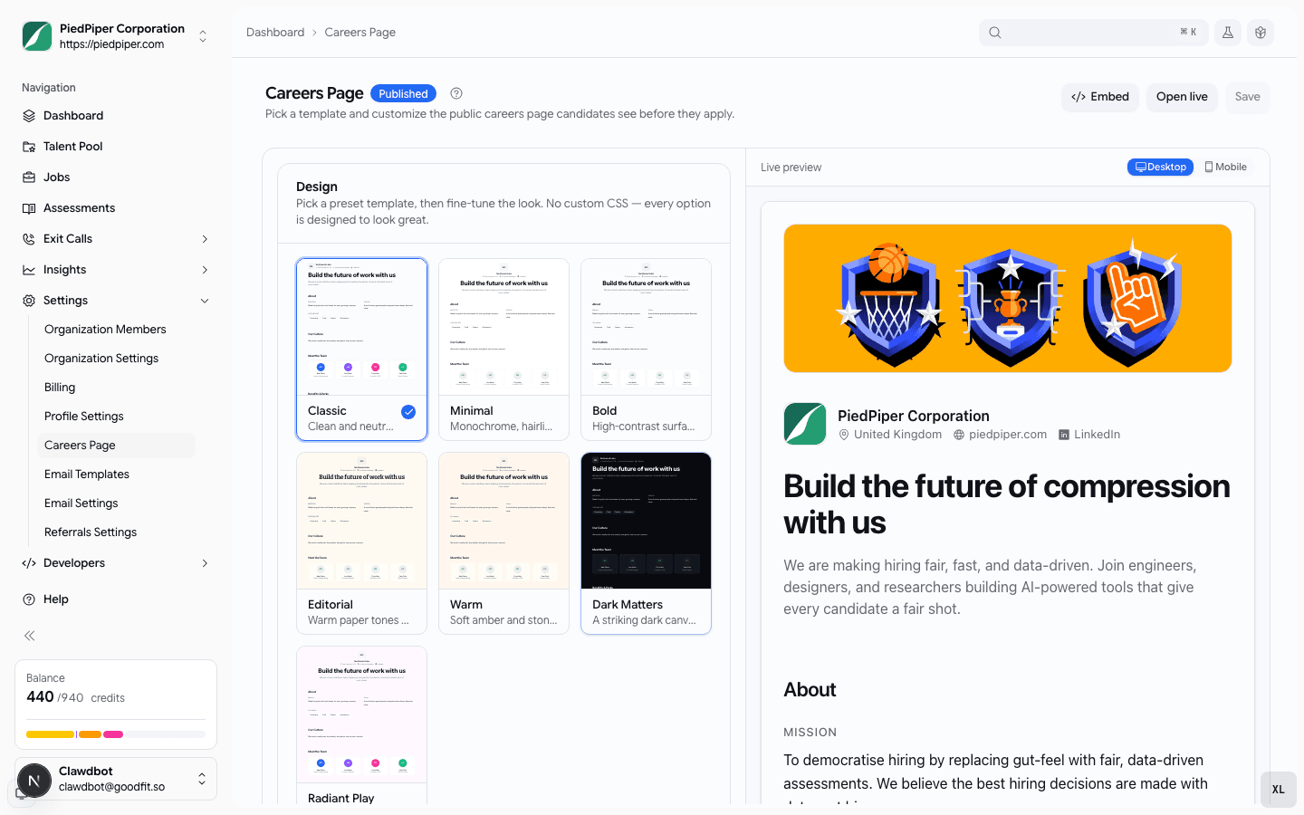 Careers settings split view — a Design card with seven template thumbnails on the left, a live Desktop preview of the org's careers page in the Warm theme on the right