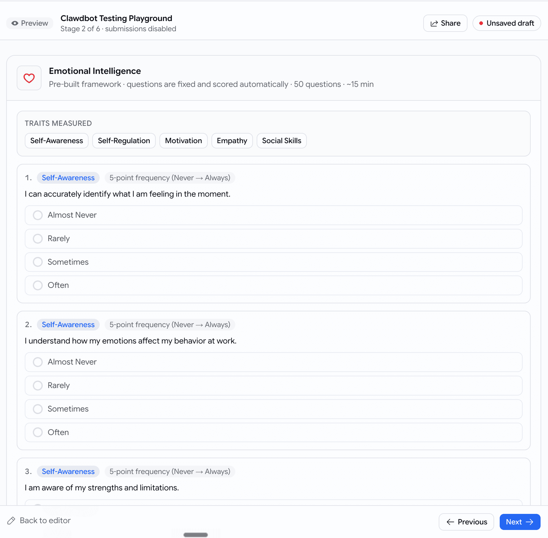A read-only preview of a psychometric stage — traits and answer options shown but disabled, a top banner reading Preview, Stage 2 of 6, submissions disabled, with Share and Previous/Next controls