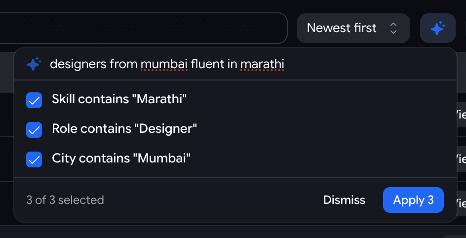 The AI search popover over the talent pool — the query 'designers from mumbai fluent in marathi' resolved to three ticked suggestions with a Dismiss and Apply 3 footer