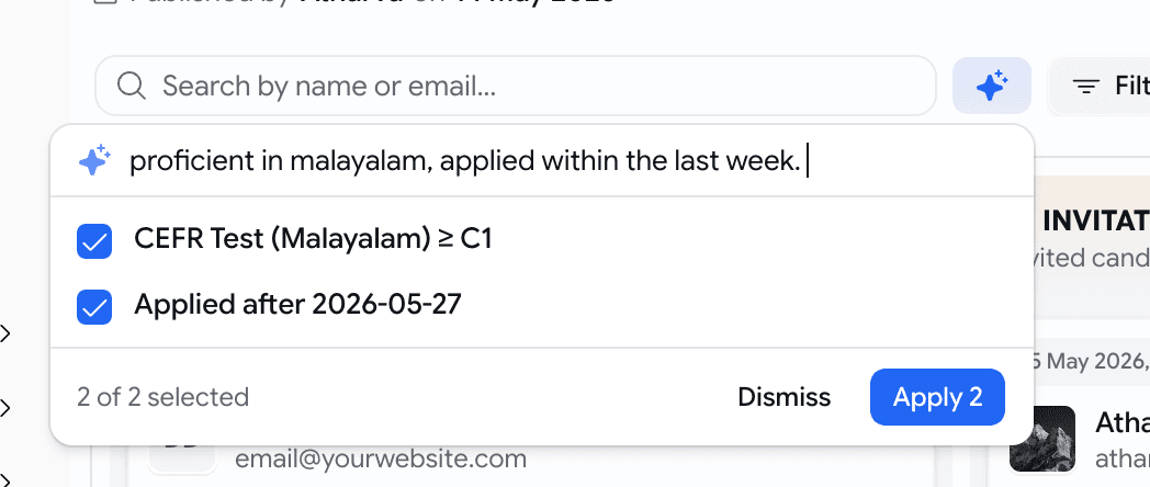 The AI search popover over a job's applicants board — the query proficient in malayalam, applied within the last week resolved to two ticked suggestions with a Dismiss and Apply footer