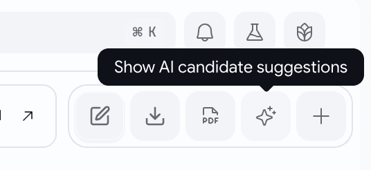 The job board toolbar with edit, download, PDF, a highlighted sparkle button, and plus; a tooltip over the sparkle reads Show AI candidate suggestions