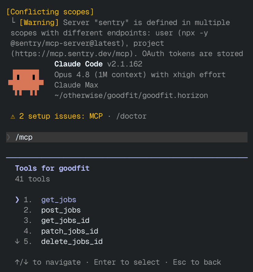Claude Code after running the generated command — the goodfit server connected and listing its tools for jobs, applications, and candidates