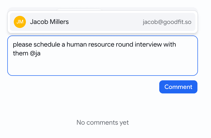 A comment composer with the @-mention autocomplete open — typing @ja surfaces a teammate with avatar, name, and email in a dropdown above the box