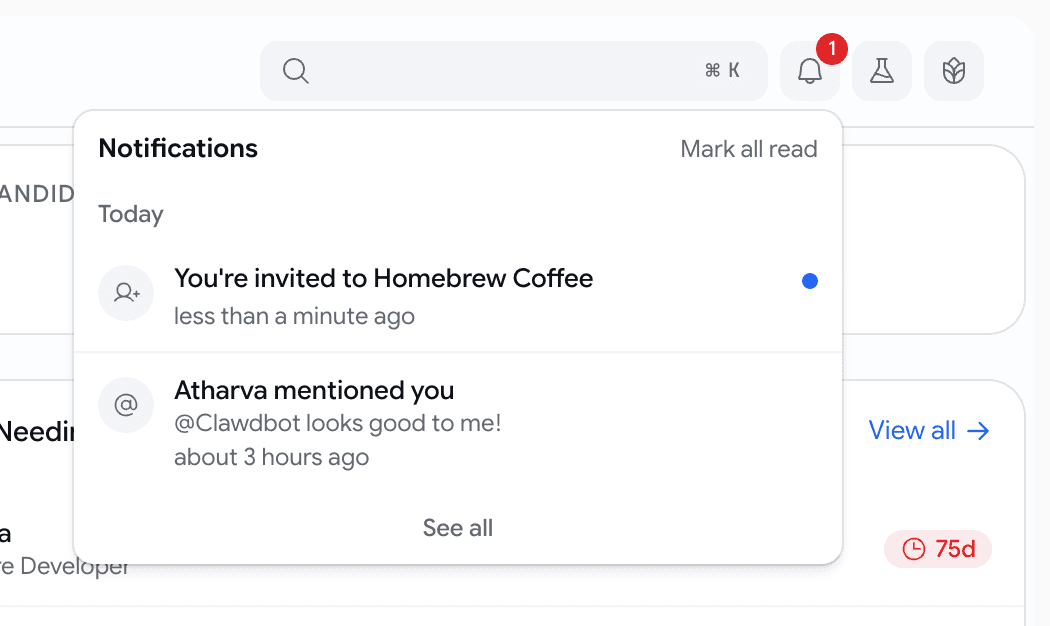 A bell with a red unread badge in the navbar, and an open panel headed Notifications with a Mark all read action, a Today bucket, an org-invite row, a mention row with an unread dot, and a See all footer