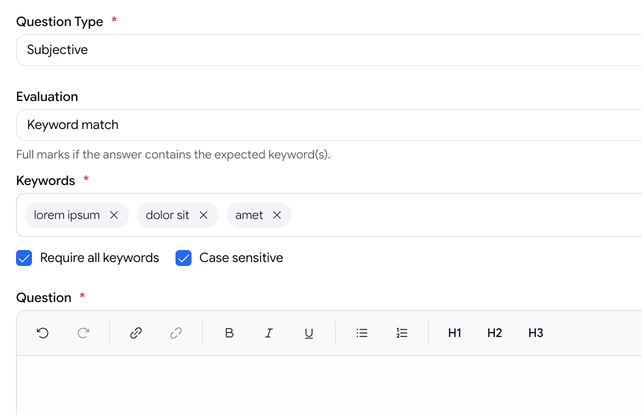 A Subjective question in the builder with Evaluation set to Keyword match, a keyword tag input, and Require all keywords and Case sensitive checkboxes