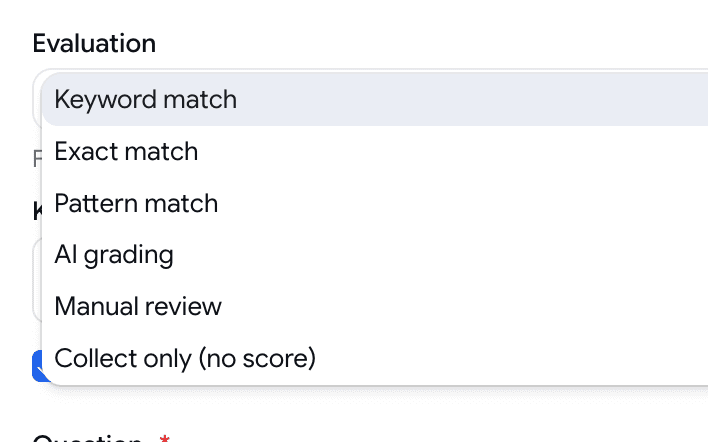 The Evaluation dropdown on a Subjective question, open — six options: Keyword match, Exact match, Pattern match, AI grading, Manual review, Collect only