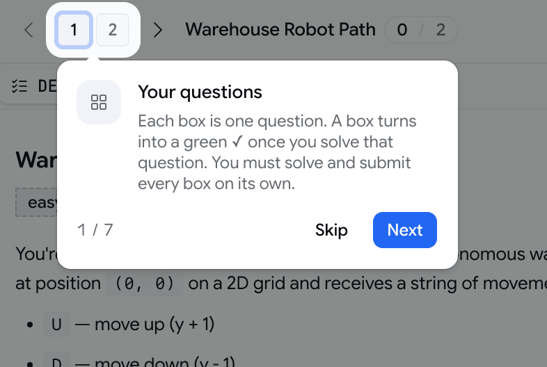 A coding assessment with the page dimmed and the numbered question boxes spotlit, alongside a card reading: Each box is one question. A box turns into a green check once you solve that question. You must solve and submit every box on its own — with Skip and Next buttons