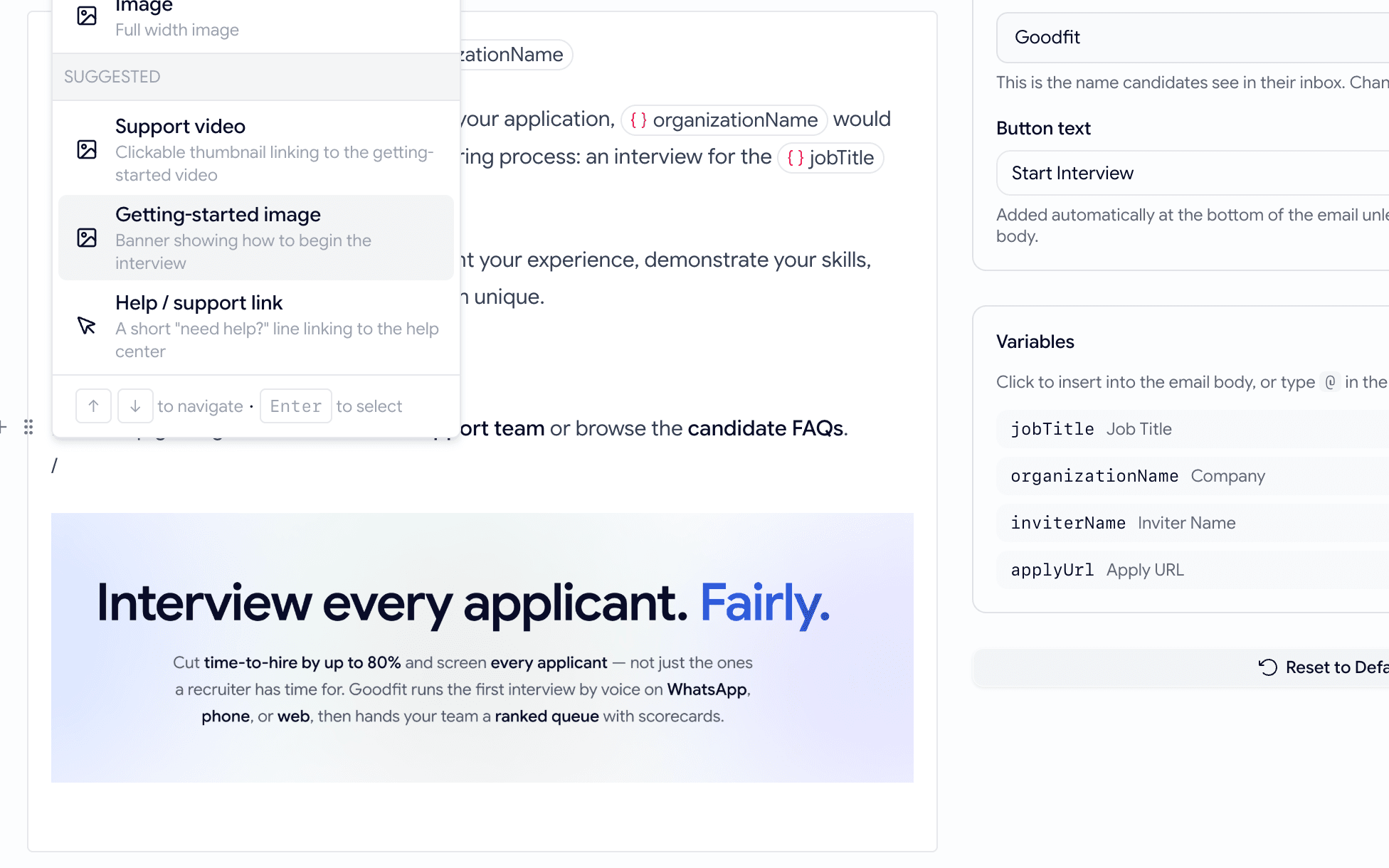 The email editor's slash-command menu open, showing a SUGGESTED group with three entries — Support video, Getting-started image, and Help / support link — each with a one-line description