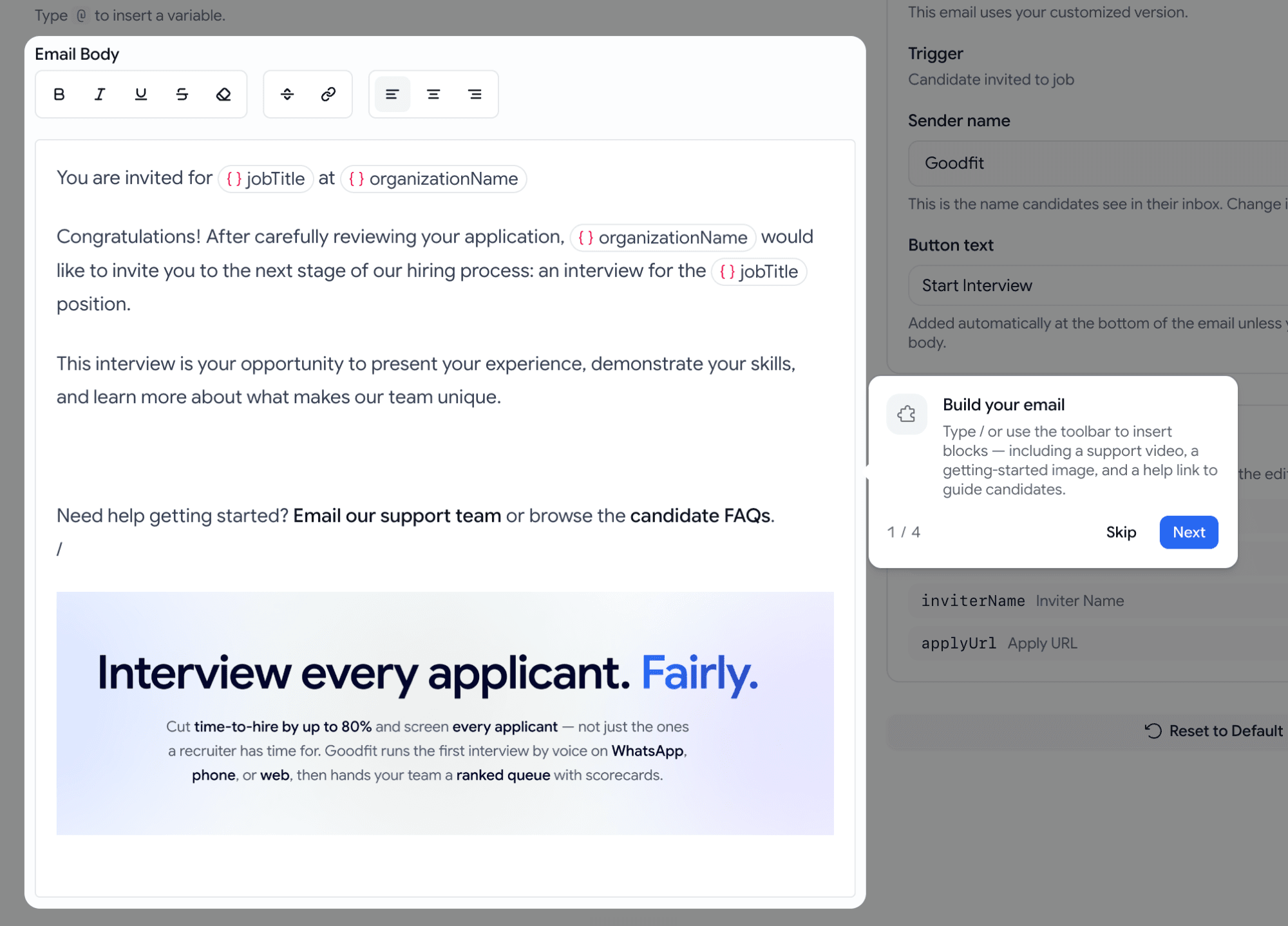 An email body after inserting blocks — a Need help getting started line with two links, then a full-width Interview every applicant. Fairly. getting-started banner with its sub-copy