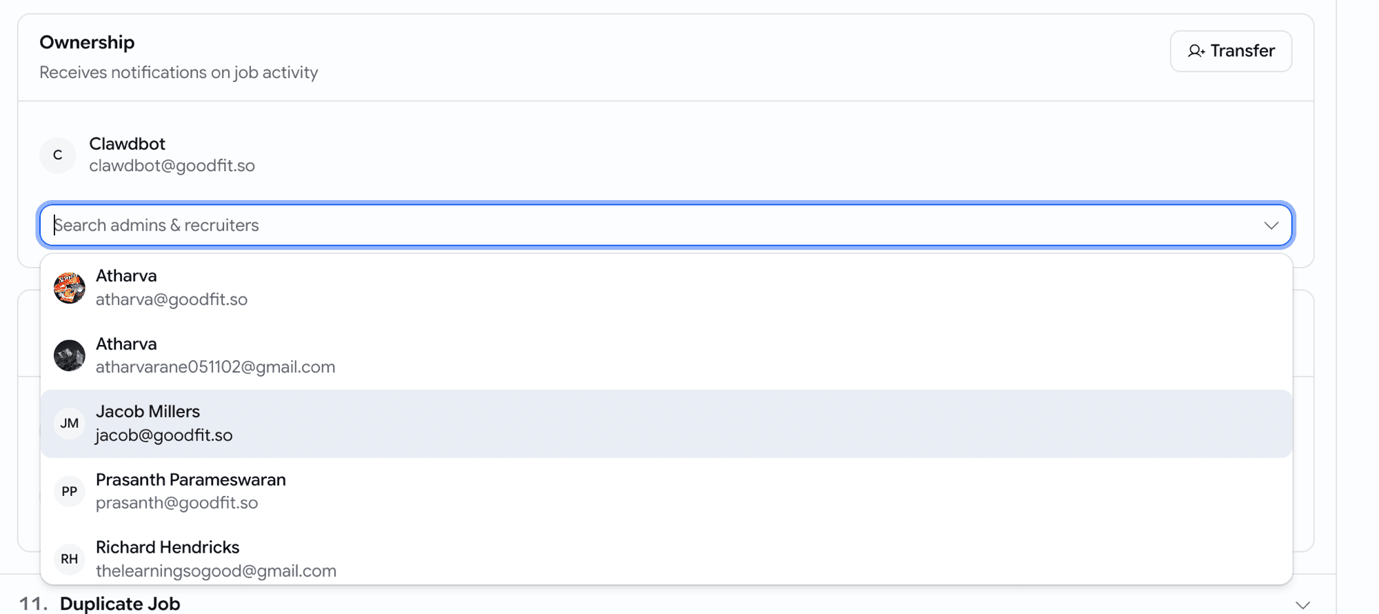 An Ownership card on a job edit page — sub-text reading Receives notifications on job activity, a Transfer button, the current owner shown, and an open Search admins and recruiters combobox listing four eligible teammates to hand the job to
