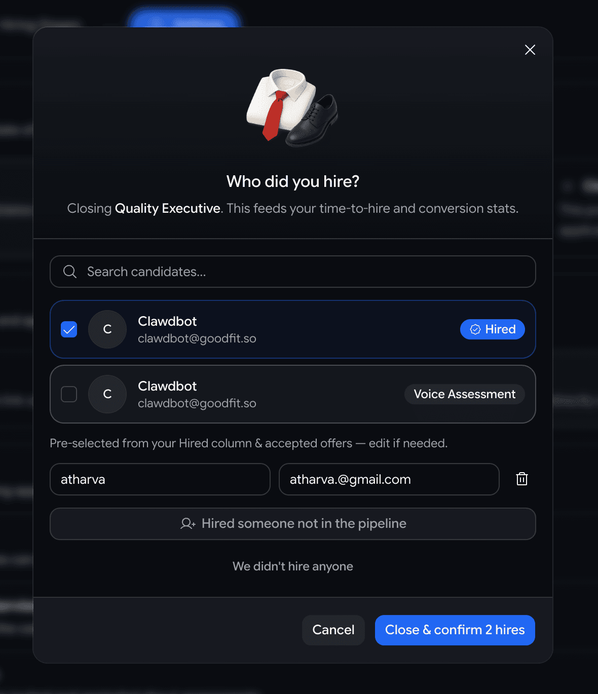 A Who did you hire? dialog with a hero illustration, a pre-checked in-pipeline candidate, an add-someone-not-in-the-pipeline option, and a confirm button