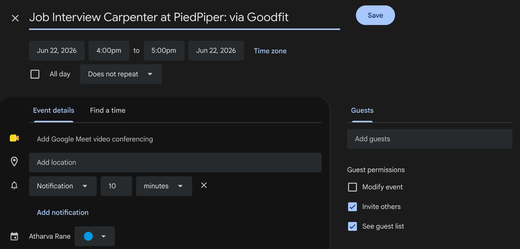 A Google Calendar new-event editor opened from the job page, with the event title and a link back to the role pre-filled and the time left blank for the candidate to choose