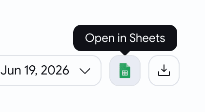 The Insights page actions row with an Open in Sheets button sitting just before Download CSV, after the filters and date picker