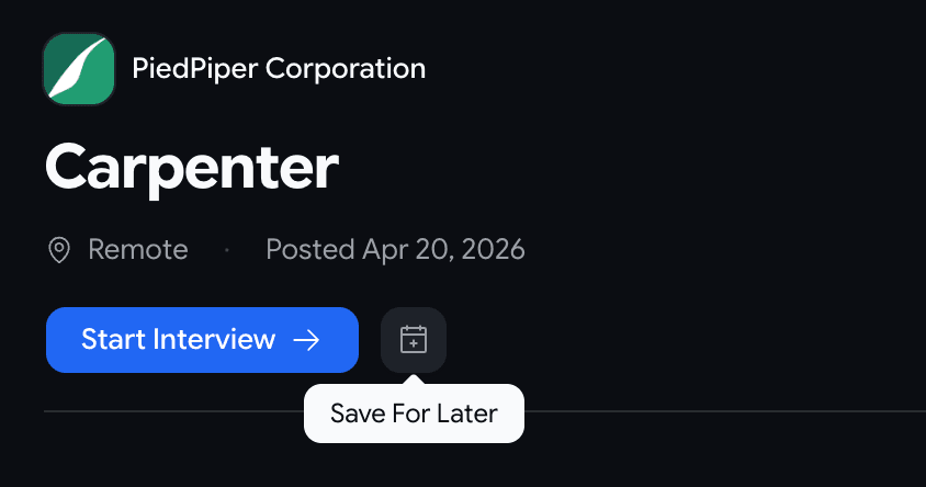 A public job page action bar with a Start Interview button and, beside it, an icon-only calendar-plus button showing a Save For Later tooltip on hover