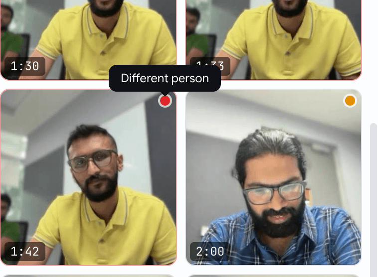 A gallery of flagged interview frames, each with a small severity dot and a timestamp, one hovered to reveal the signal it caught — Different person