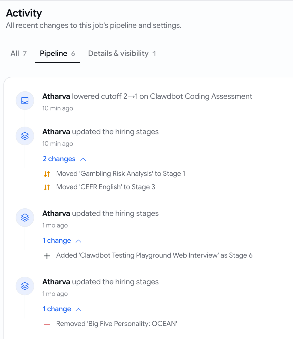 A job Activity page showing a timeline of changes, each with who made it, how long ago, and an expandable stage-by-stage detail