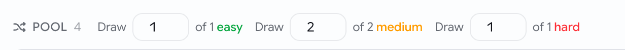 A coding assessment builder with a Fixed section and a Pool section below it, each pooled difficulty having a stepper for how many questions to draw