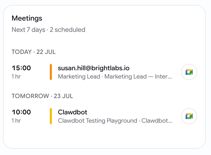 A dashboard card titled Meetings showing the next 7 days of interviews grouped by day, each row with a time, duration, candidate, job and a join button
