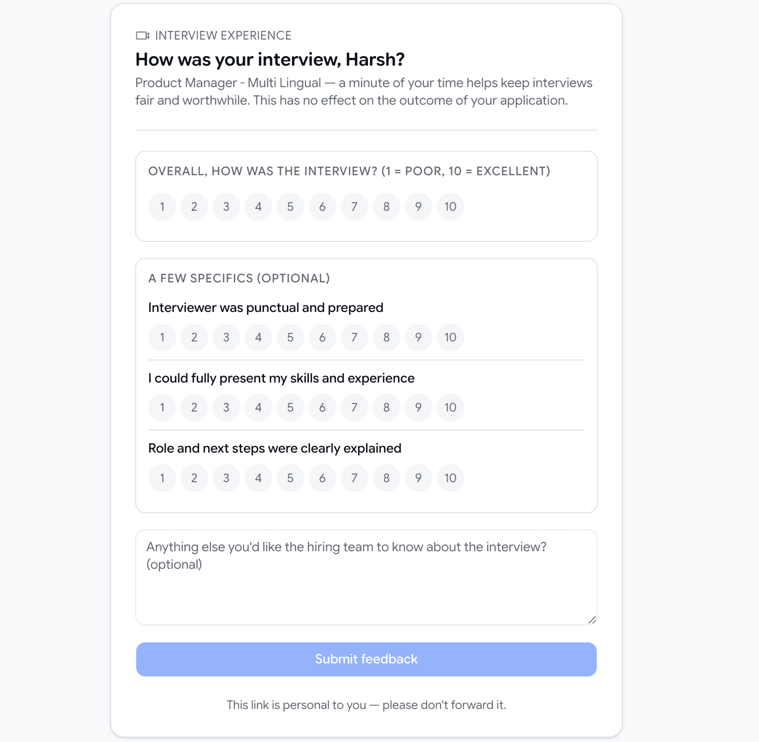 The candidate's interview experience page asking How was your interview, with a one-to-ten overall rating, optional ratings for whether the interviewer was punctual and prepared, whether they could present their skills and whether the role was explained, a free-text box, and a note saying it has no effect on the outcome of their application