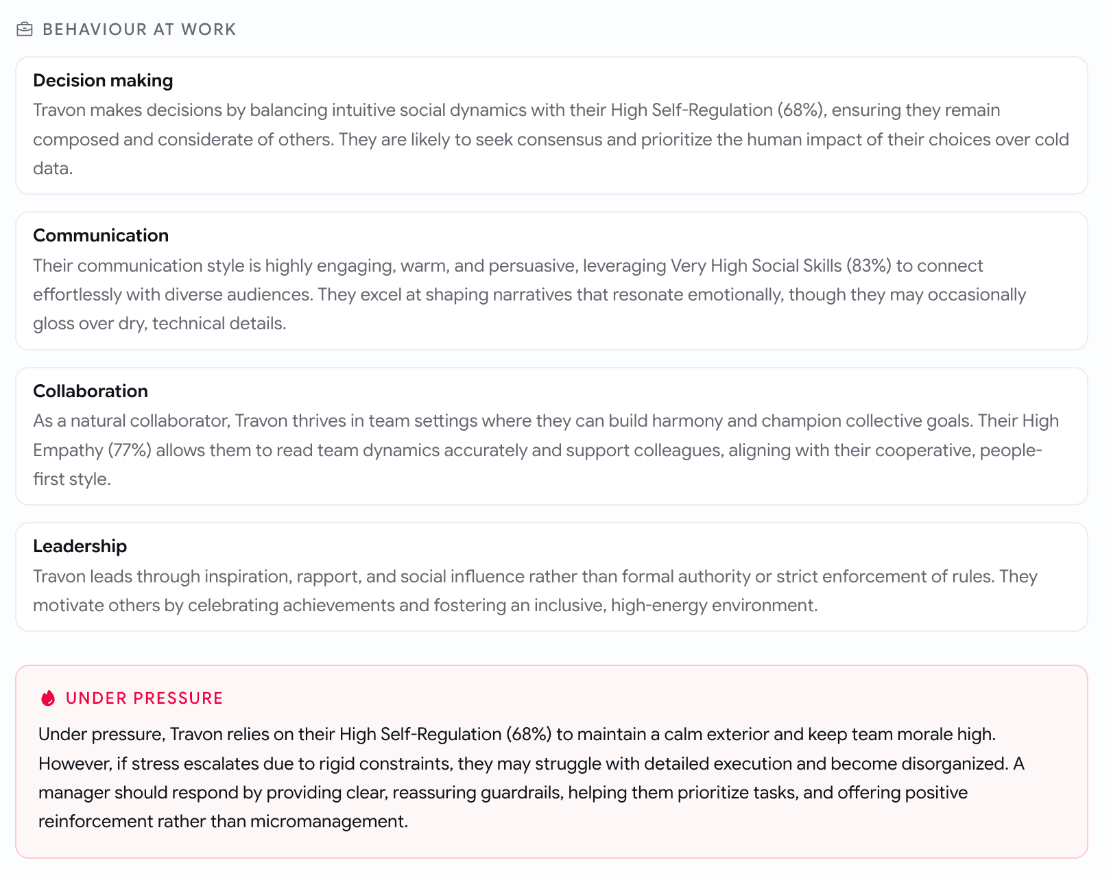 A Behaviour at Work section with four cards headed Decision making, Communication, Collaboration and Leadership, each a short paragraph about the candidate, followed by a red-tinted Under Pressure block describing how they cope and what a manager should do