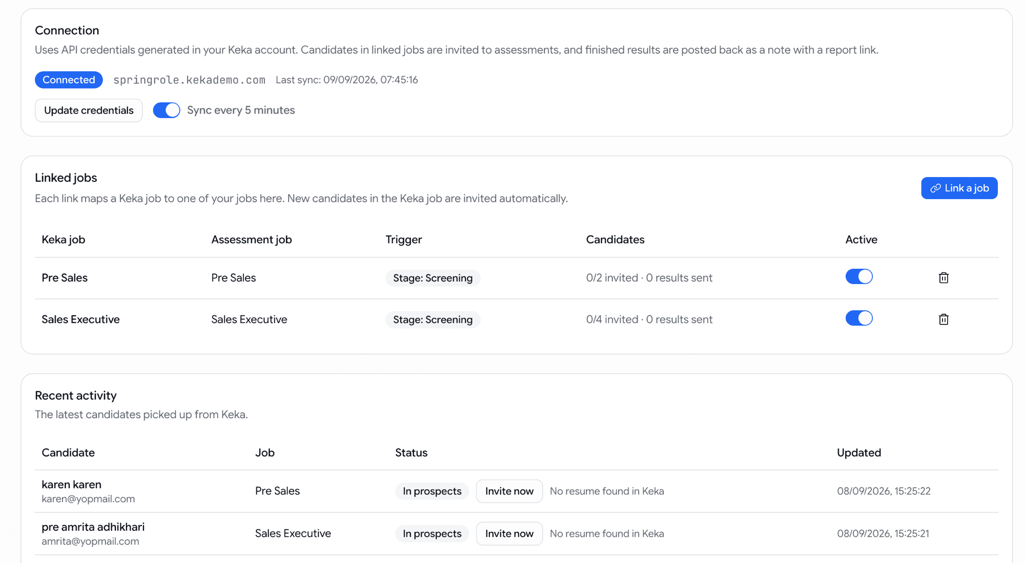 The Keka Hire integration page showing a connected tenant syncing every five minutes, two linked jobs with stage triggers and invite counts, and a recent-activity table of candidates picked up from Keka sitting in prospects with Invite now buttons