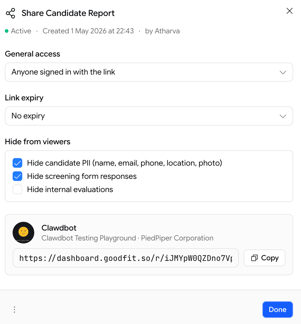 Share Candidate Report dialog — general access, link expiry, hide-from-viewers options, and the share URL with copy button