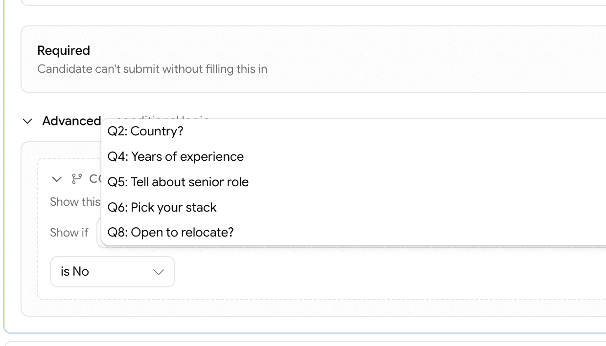 Picking the parent question for a conditional rule inside the Advanced panel