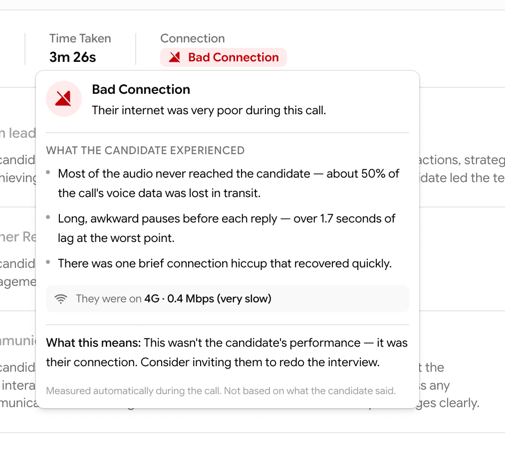 Connection health hover on the assessment results bar showing a narrative breakdown