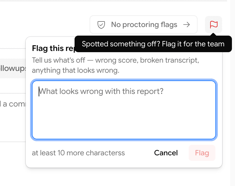 Flag report popover on the candidate report page with a textarea and Flag button